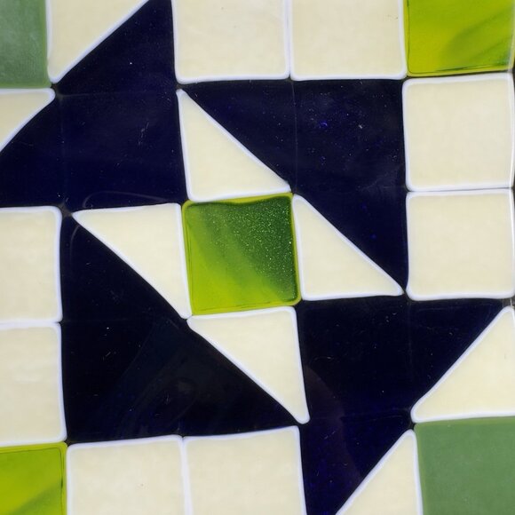 Hand Made Geometric Square Fused Glass Dish Plate Artist Signed Multicolored VTG - Picture 8 of 15